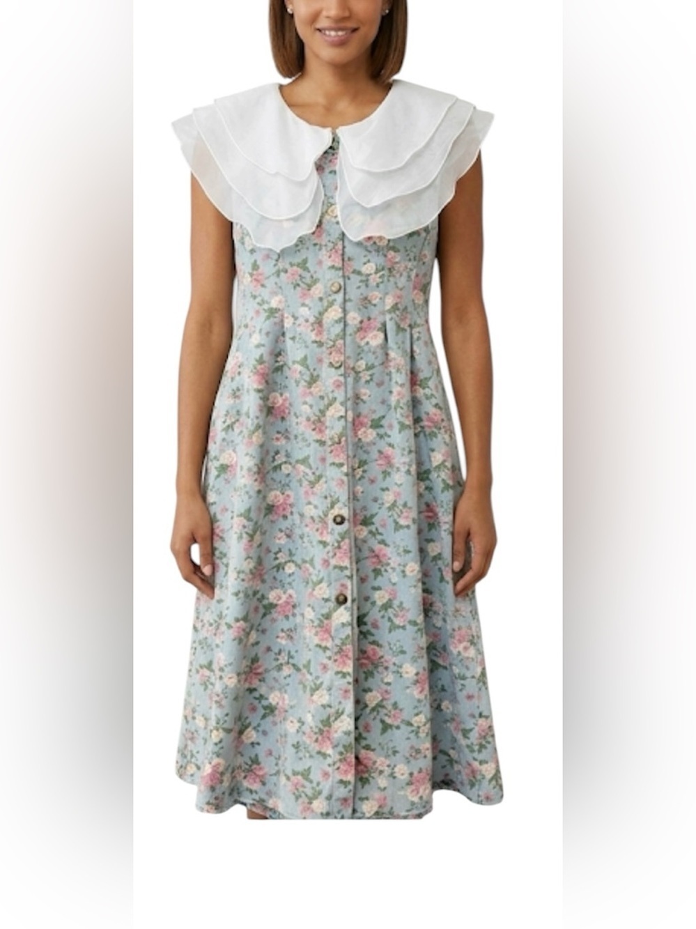 Chaline Studio Mesh Peter Pan Collar Floral Rose Pleated  Denim Midi Dress Sz L